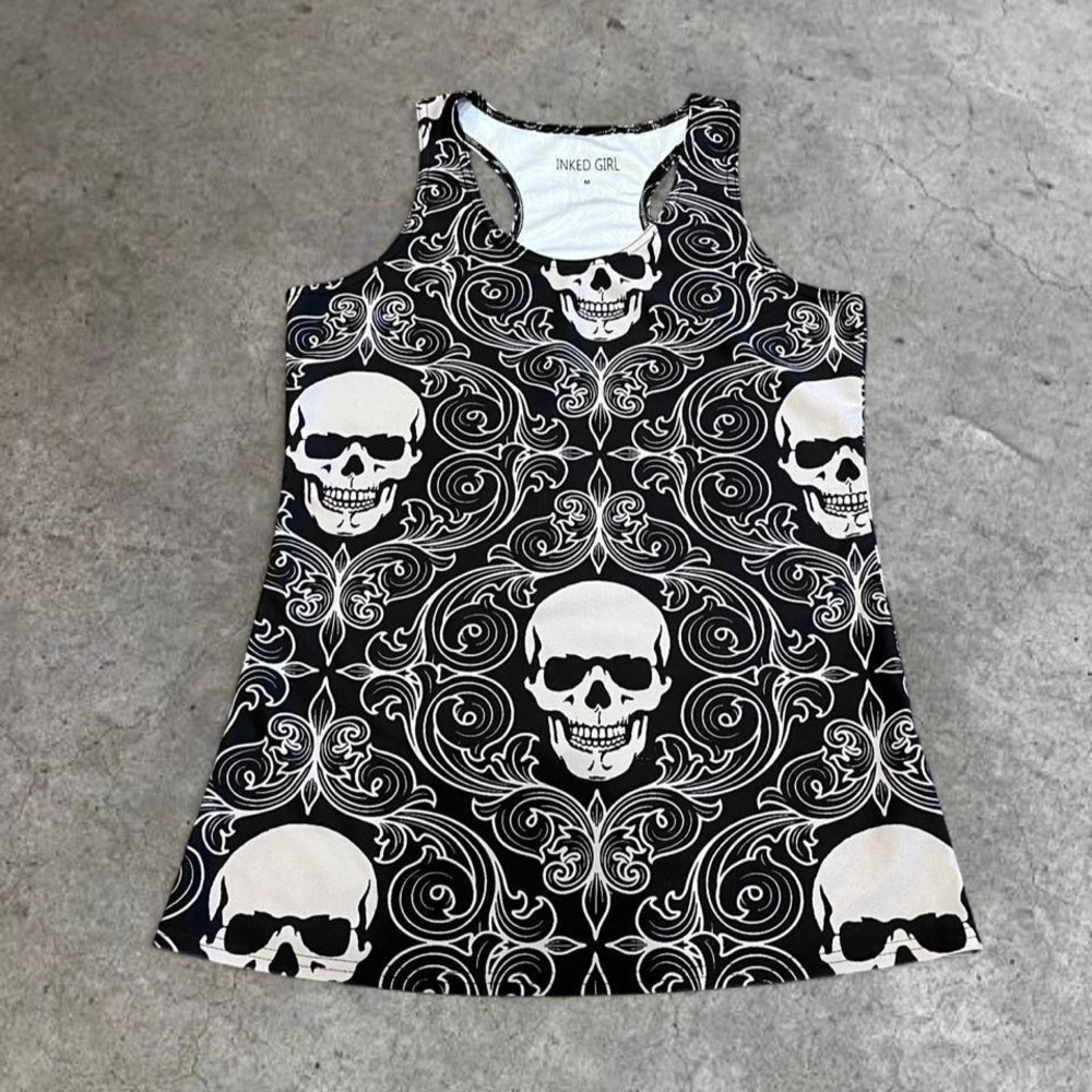 y2k black and white skull graphic tank top medium